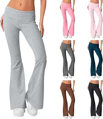 Womens Flare Leggings Fold Over Yoga Pants Y2K Low Rise Wide Leg Sweatpants Bell Bottom Buttery Soft Cotton Leggings Fold Over Yoga Pants, Bell Bottom Leggings, Wide Leg Lounge Pants, Pants Y2k, Amazon Clothes, Wide Leg Sweatpants, Cotton Leggings, Flare Leggings, Bell Bottom