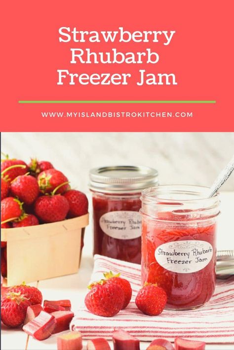 Strawberry Rhubarb Freezer Jam Recipe - My Island Bistro Kitchen Strawberry Rhubarb Freezer Jam Recipe, Strawberry Rhubarb Freezer Jam, Rhubarb Freezer Jam, Freeze Rhubarb, Rhubarb Jam Recipes, Strawberry Freezer Jam, Freezer Jam Recipes, Strawberry Rhubarb Jam, Bistro Kitchen