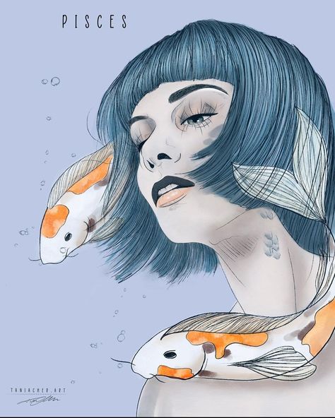 Pisces Woman Art, Pisces Art Goddesses, Zodiac Drawings, Infp Woman, Pisces Art, Pisces Fish, Zodiac Sign Fashion, Capricorn Moon, Pisces Woman