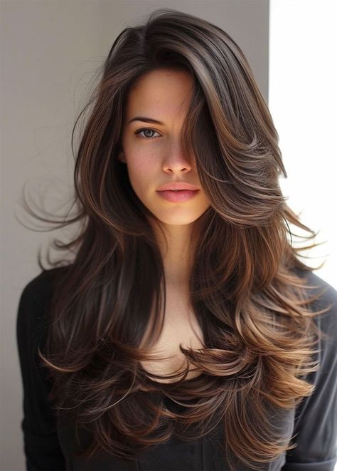 side part layered butterfly haircut, butterfly haircuts Brown Hair Color With Blonde Highlights, Side Part Haircut, Hairstyles For Layered Hair, 카드 디자인, Spring Hairstyles, Long Layered Hair, Haircuts For Long Hair, Side Part, Long Hair Cuts