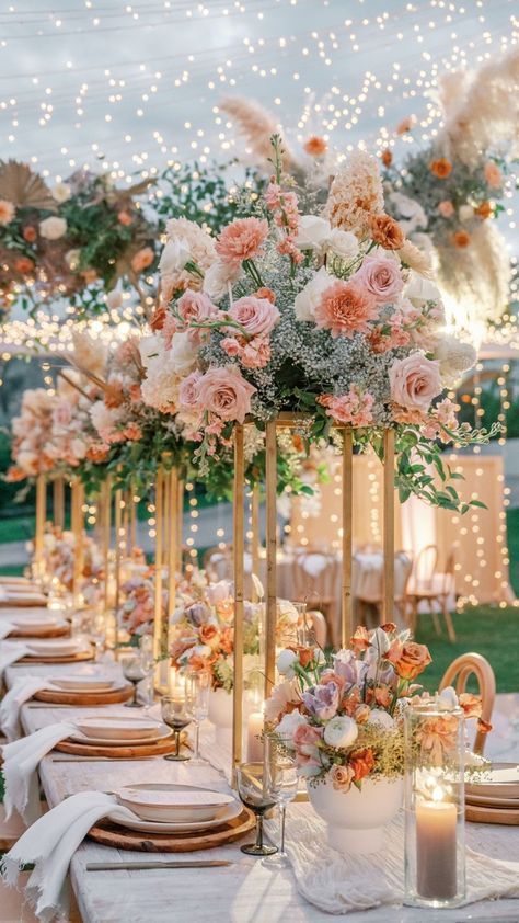 Pink And White Flowers Wedding Decor, Wedding Theme Pink And Gold, Floral Wedding Ideas Decor, Wedding Flower Schemes, Sage Gold And Pink Wedding, Centerpieces Wedding Lights, Gold Flower Stands Wedding, Flower Stand Centerpiece Wedding, Gold And Pink Wedding Decorations