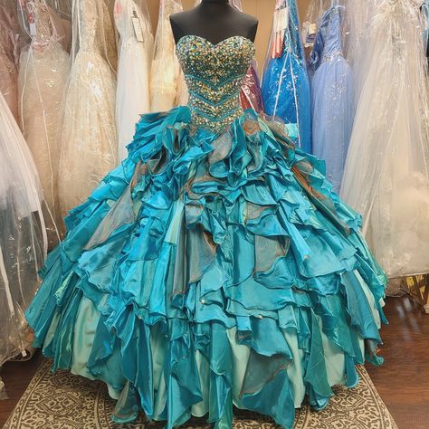 Under The Sea Wedding Dress, Silver Fantasy Dress, Teal Quince Dress, Slime Costume, Mystical Dresses, Elven Dresses, Teal Wedding Dress, Teal Quinceanera Dresses, Teal Dress For Wedding