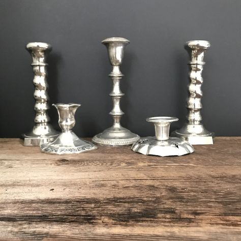 vintage silver candlestick lot of 5 wedding candlesticks silver wedding candles silver plated varied heights ornate silver centerpieces by GlyndasVintageshop on Etsy Candle Sticks Wedding, Silver Centerpiece, Silver Candlesticks, Makeup Table, Vintage Trays, Winter Print, Vintage Character, Wedding Candles, Bathroom Sets