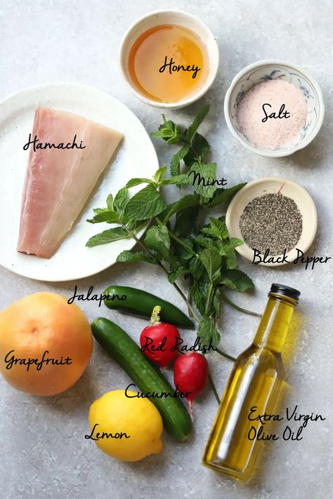 Grapefruit Vinaigrette, Hamachi Crudo, Ceviche Recipes, Ceviche Recipe, Citrus Dressing, Mini Cucumbers, Elegant Appetizers, Appetizer Dishes, Lemon Olive Oil