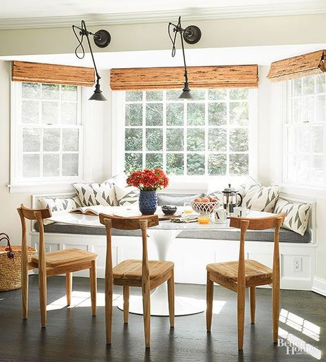 Make a banquette work to your advantage with our awesome ways to style and decorate it. Create a breakfast or dining area, a reading nook or use a farmhouse table for a large gathering space. Farmhouse Style Bar Stools, Bay Window Seating Kitchen, Bay Window Benches, Easy Kitchen Updates, Kitchen Islands Ideas With Seating, Kitchen Bay Window, Window Seat Kitchen, Banquette Seating In Kitchen, Bay Window Seat