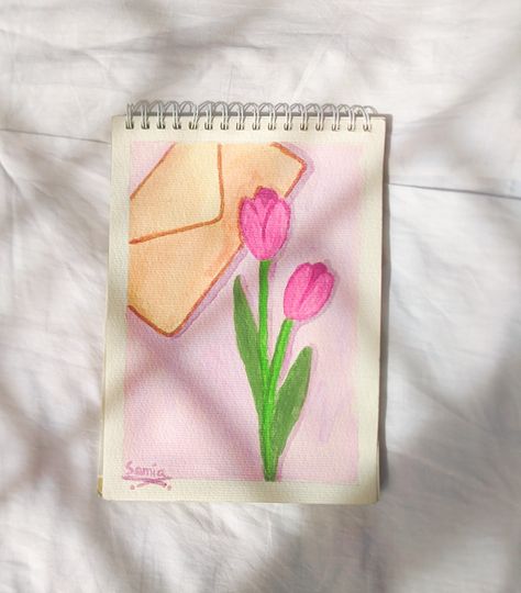 Asthetic Paintings Easy On Paper, Tulips Aesthetic Drawing, Canvas Sheet Painting, Aesthetic Easy Paintings, Aesthetic Art Ideas, Pink Painting Ideas, Diy Canvas Art Easy, Cute Easy Paintings, Tulip Painting