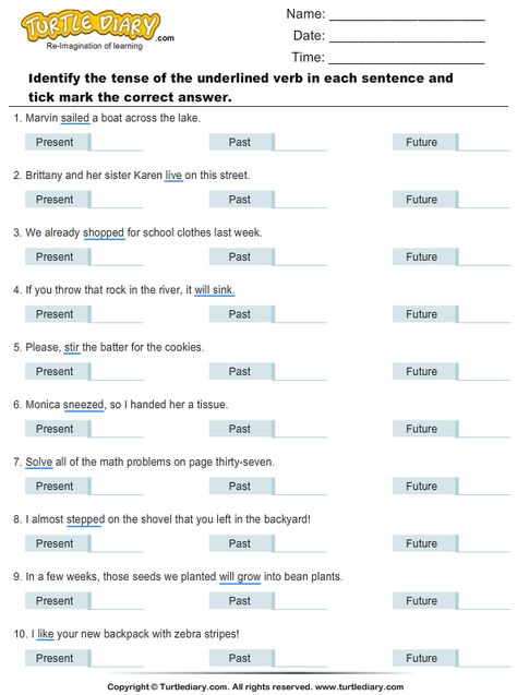 Download and print Turtle Diary's Identifying Verb Tenses worksheet. Our large collection of ela worksheets are a great study tool for all ages. Verb Tenses Worksheet, Tenses Worksheet, Ela Worksheets, Grammar For Kids, The Tenses, Verb Worksheets, Verb Tenses, Learning Time, Free Worksheets