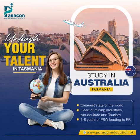 Study in Australia Location: Tasmania Tagline: Unleash your talent in Tasmania Cleanest state of the world moderate temperature Heart of mining industries, Aquaculture and Tourism 5-6 years of PSW leading to PR Study In Australia Creative Ads, Study In Australia, Ads Design, Banner Ads Design, Overseas Education, Daily Task, Beautiful Dress Designs, Social Media Banner, Creative Ads