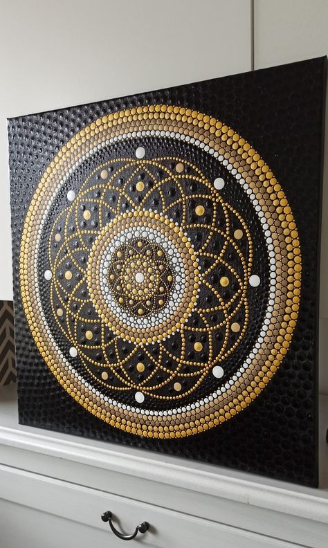 Gold Dot Mandala, Gold Mandala Dot Painting, Mandala Dot Painting Canvas, Painted Mirror Art, Small Mandala, Buddha Painting Canvas, Mosaic Art Diy, Modern Art Canvas Painting, Abstract Expressionist Art