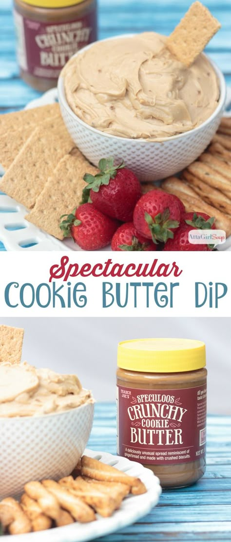 Have you tried the Speculoos Cookie Butter from Trader Joe's? This stuff leaves peanut butter and Nutella in the dust! While you might be tempted to eat it straight out of the jar, you'll find it's even better in recipes like this 4-Ingredient cookie butter dip that also makes a great filling for a no-bake cookie butter cheesecake! Cookie Butter Dip, Cookie Butter Cheesecake, Cookie Butter Recipes, 4 Ingredient Cookies, Speculoos Cookie Butter, Speculoos Cookies, Biscoff Cookie Butter, Sweet Dips, Cookie Spread