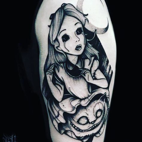 Alice And Wonderland Tattoos, Black Art Tattoo, Wonderland Tattoo, Theme Tattoo, Inspiration Tattoos, Creepy Tattoos, Halloween Tattoo, Gothic Tattoo, Instagram Tattoo