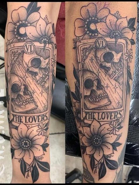 37 Hauntingly Beautiful Couple Tattoos for Lovers of the Dark Unique Couple Tattoos Creative Love, Hawaii Couple Tattoos, Mexican Skeleton Couple Tattoo, Skeleton Couple Tattoo Romantic, Spooky Couple Tattoos, The Lovers Tattoo, Skeleton Couple Tattoo, Skull Couple Tattoo, Spooky Couple