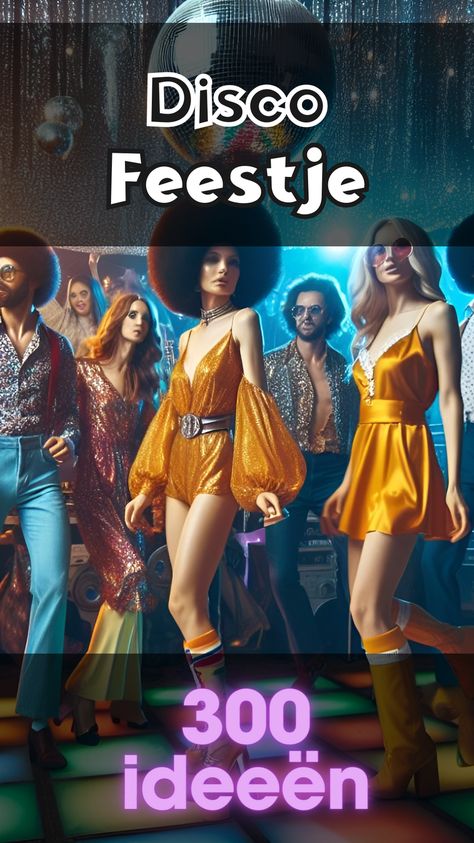 Klaar voor een geweldig feest? Ontdek alles wat je nodig heb voor dit Disco themafeest: decoratie, muziek, hapjes, drinken, spelletjes, tafeldekking, verlichting, locaties,... Disco Fever, Disco Outfit