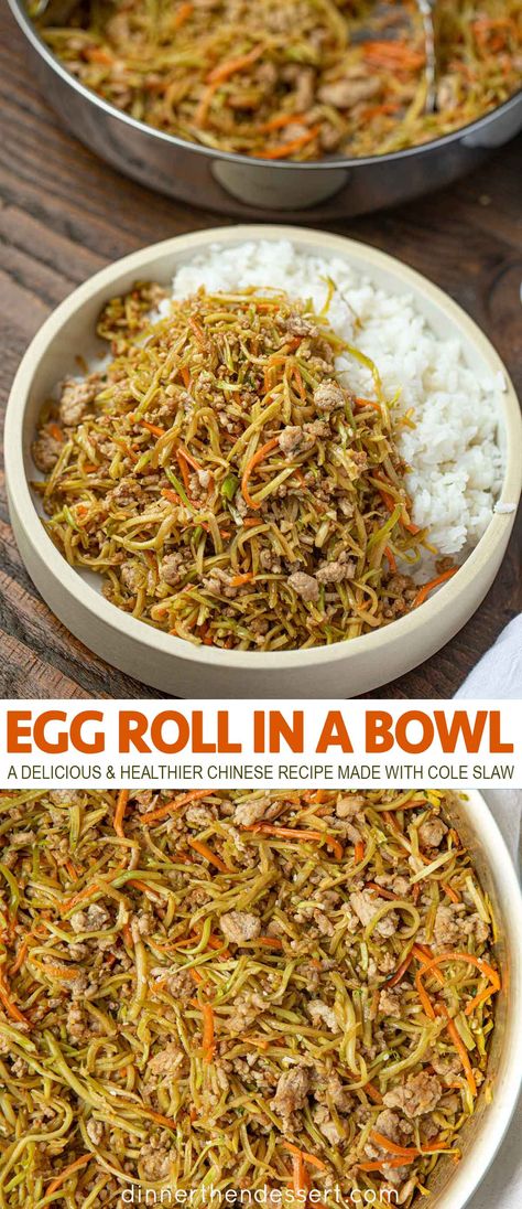 Egg Roll in a Bowl is a delicious healthier Chinese recipe made with cole slaw mix, soy sauce, sesame oil, ginger and pork. You can use ground chicken too! #eggroll #eggrollinabowl #chinesefood #asianfood #dinner #healthyrecipe #dinnerthendessert Cole Slaw Mix, Telur Gulung, Healthy Chinese Recipes, Traditional Chinese Food, Healthy Chinese, Chinese Chicken Recipes, Egg Roll In A Bowl, Chinese Stir Fry, Chinese Recipe