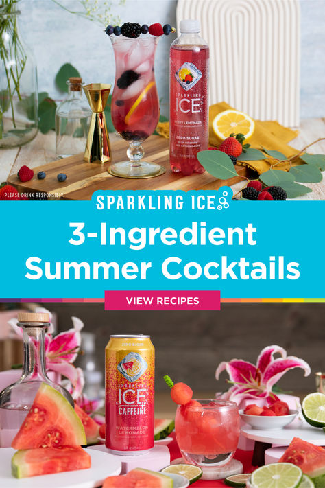 Cheers to summertime! Sit back and unwind with these simple 3-ingredient cocktails, starring zero-sugar Sparkling Ice and Sparkling Ice +Caffeine. Try our Coconut Pineapple Malibu, Watermelon Vodka Cooler, Rum Berry Fizz, Fruit Punch Spritzer, and Watermelon Rum Delight and live in full flavor! Pineapple Malibu, Tropical Drink Recipes, Easy Summer Cocktail Recipes, Pool Drinks, Fun Summer Drinks, Party Drinks Alcohol, Summertime Drinks, Boozy Drinks, Rum Drinks