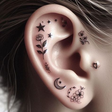 Sun And Moon Ear Tattoo, Tattoos To Get Behind Your Ear, Ear Tattoo Flower, Ear Tattoo Designs For Women, Ear Tattoo Women, Back Of Ear Tattoos For Women, Tiny Ear Tattoo, Ear Tattoo Ideas, Ear Tattoos Women