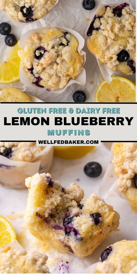 These gluten free and dairy free muffins are filled with lemon flavor and fresh blueberries and topped with a crunchy lemon streusel. They are the perfect summer treat for breakfast! Gluten Free Lemon Blueberry Muffins, Dairy Free Blueberry Muffins, Blueberries Muffins, Lemon Blueberry Muffins Recipe, Dairy Free Muffins, Gluten Free Blueberry Muffins, Blueberry Muffins Recipe, Berry Muffins, Dairy Free Breakfasts