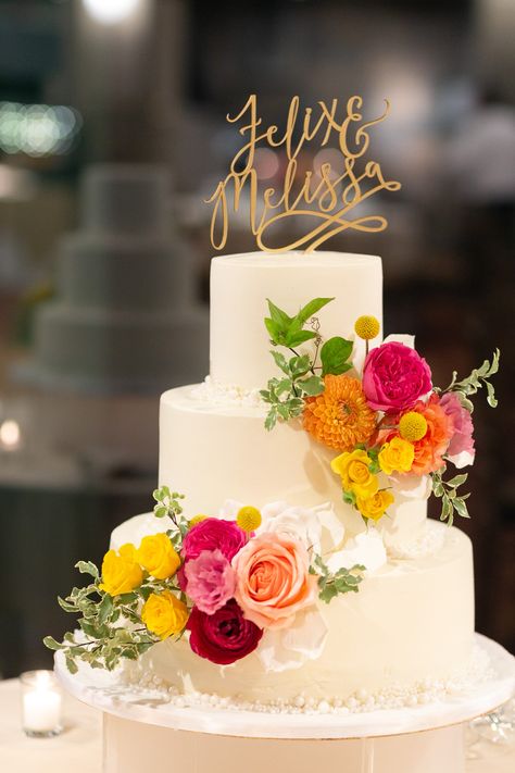 Wedding Cake Pink And Orange, Pink And Yellow Wedding Cake, Wedding Cake Bright Flowers, Sunset Wedding Cake, Flower Cake Designs, Vibrant Wedding Cake, Yellow Flower Cake, Flower Cake Ideas, Coral Wedding Cakes