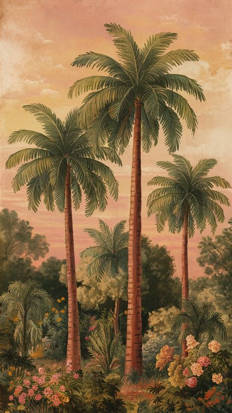 Vintage Palm Tree Illustration, Edwardian Mansion, Tree Leaf Wallpaper, Palm Tree Wallpaper, Neon Palm Tree, Vintage Palm Tree, California Palm Trees, Palm Trees Wallpaper, Beautiful Landscape Paintings