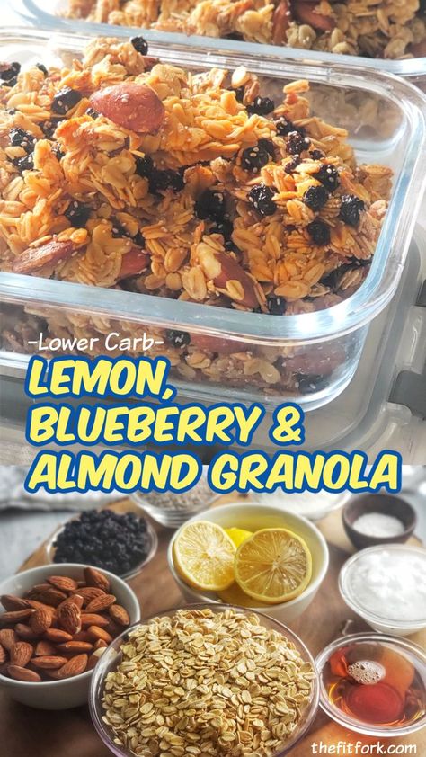 Lemon, Blueberry and Almond Granola is a crunchy, lightly sweet and wholesomely satisfying for breakfast or a snack. This easy homemade granola recipe features oats, dried blueberries and almonds -- and also sugar swaps and collagen powder to keep the carbs lowered and protein levels up! Makes 10 servings, easy to make-ahead for lunch boxes, hikes and other on-the-go munching. For more granola recipes and healthy living inspo, visit thefitfork.com Breakfast With Milk, Sugar Swaps, Popular Healthy Recipes, Easy Homemade Granola, Alternative Sweeteners, Granola Recipe Homemade, Almond Granola, Healthy Bars, Dried Blueberries