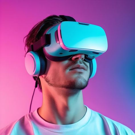 Close up of a man with virtual reality headset vaporwave colors Top Tech Gifts, Best Tech Gifts, Vr Gaming, Creative Web Design, Starred Up, Virtual Reality Headset, Gifts For Christmas, Gaming Gear, Tech Gifts