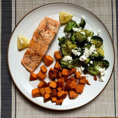 Salmon, Broccoli, and Sweet Potatoes Sweet Potato And Salmon, Salmon With Sweet Potato, Salmon With Veggies, Sweet Potato Salmon, Salmon Sweet Potato Bowl, Salmon And Sweet Potatoes Recipes, Salmon Sweet Potato, Salmon And Sweet Potatoes, Salmon And Potatoes