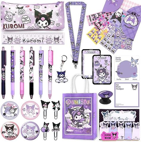 The kawaii stationery set up to 89 varities includes 1 large pencil case, 6 cute cartoon gel pens, 1 ID card holder with adjustable retractable lanyard, 4 Enamel Pin Badges, 2 notepads (50 sheet) , 4 button pins, 1 sticky index note (6 designs × 15 sheets), and 60 stickers, 1 ruler, 1 keychain, 1 phone ring holder, 1 gift bag, meeting all your needs! Kuromi Purple, Retractable Lanyard, Large Pencil Case, Money Wallpaper Iphone, Us School, School Kit, Stationary School, Cute School Supplies, Electronic Gifts