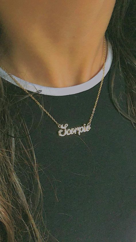 Zodiac Necklace Aesthetic, Gold Name Necklace Aesthetic, Scorpio Accessories, Name Necklace Aesthetic, Necklace Aesthetic Gold, Official Clothes, Scorpio Aesthetic, Scorpio Jewelry, Scorpio Necklace