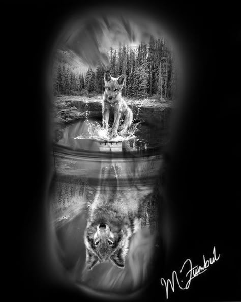 Animal Reflection Tattoo, Wolf Father And Son Tattoo, Wolf Family Tattoos For Men, Tattoo For Men Wolf, Jungle Tattoo Ideas, Mirror Tattoo Design, Half Sleeve Tattoos Wolf, Wolf Tattoos For Men, Jungle Woman