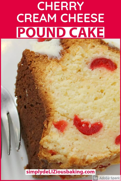 Cherry Cream Cheese Pound Cake-Great for Valentine's, Christmas or any time of year. Easy, homemade cream cheese pound cake recipe with cherries infused throughout. Delicious and amazing cake. Click here for recipe. #poundcakelove Cream Cheese Cherry Cake, Cherry Cream Cheese Pound Cake, Cherry Pound Cake Recipes, Cherry Pound Cake, Cherry Cake Recipe, Easy Pound Cake, Cream Cheese Pound Cake Recipe, Pound Cake Recipes Easy, Almond Pound Cakes