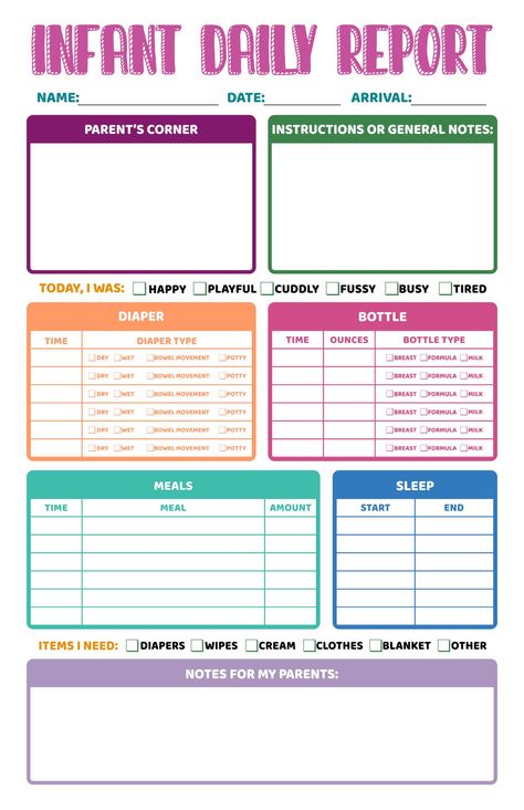 Daily Sheets For Daycare Infants, Infant Daily Report Daycare, Nursery Daily Report, Daily Infant Care Sheet, Weekly Report Preschool, Daily Sheets For Infants, Infant Daily Sheets Printable Free, Daycare Report Sheet, Infant Day Care Room Ideas