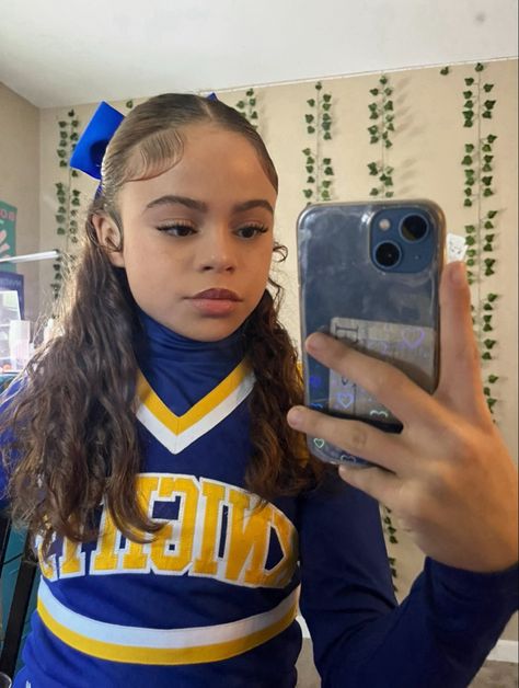 Drill Team Hairstyles, Cheerleading Hairstyles Curly Hair, Curly Hairstyles For Cheerleaders, Curly Hair Cheerleader, Half Up Half Down Hair Cheerleading, Low Half Up Half Down Cheer, Cheer Half Up Half Down Hair With Bow, Half Up Half Down Cheer Hair Bows, Cheer Curly Hairstyles