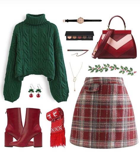 Dress Outfits For Christmas, Cute Christmas Outfits Skirts, Church Outfit For Christmas, Christmas Bow Outfit, Christmas Jumper Outfit Aesthetic, Green Sweater Outfit Christmas, Christmas Witch Outfit, Christmas Outfit Green Pants, Holiday Tea Party Outfit