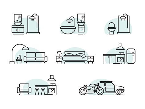 Rooms Icon Set by Sam Healy Room Logo Design, Bedroom Icon, Room Illustration, Garage Bathroom, Icon Set Design, Logo Sketches, Leaflet Design, Bed Bedroom, Apartment Furniture