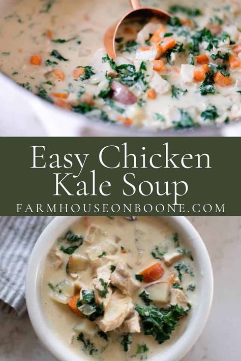 If you are looking for a healthy meal, this chicken kale soup is calling your name. A simple recipe with basic ingredients is packed full of flavor from the onions, garlic, and chicken broth. It's the ultimate comfort food -- without any guilt! #farmhouseonboone #chickenkalesoup #chickensoup #soup Kale Soup With Chicken, Chicken Kale Soup Instant Pot, Chicken Soup With Kale Recipes, Crockpot Chicken Kale Soup, Chicken Potato Kale Soup, Chicken Kale Crockpot Recipes, Soup With Kale And Chicken, Chicken With Kale Recipes, Creamy Chicken Kale Soup