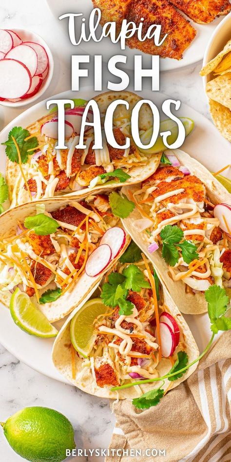 Tilapia Fish Tacos are perfect for lunch or dinner! Easily on the table in under half an hour and filled with mouthwatering flavor. Tilapia For Fish Tacos, Fish Tacos Recipe Tilapia, Tilapia And Noodles Recipes, Fish Tacos Tilapia Baked, Fish Taco Recipe Tilapia, Tilapia Recipes Tacos, Fish Tacos With Tilapia, Tilapia Tacos Recipes, Talipia Taco Recipes