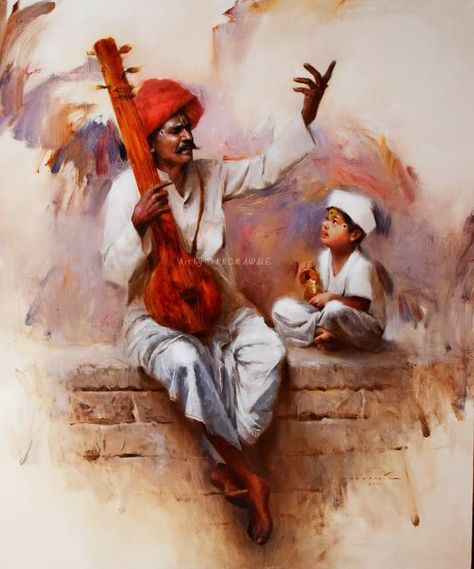 Modern Figure Painting, Watercolor Paintings Indian, Vitthal Painting, Village Drawing, Rajasthani Painting, Indian Traditional Paintings, Rajasthani Art, Composition Painting, India Painting