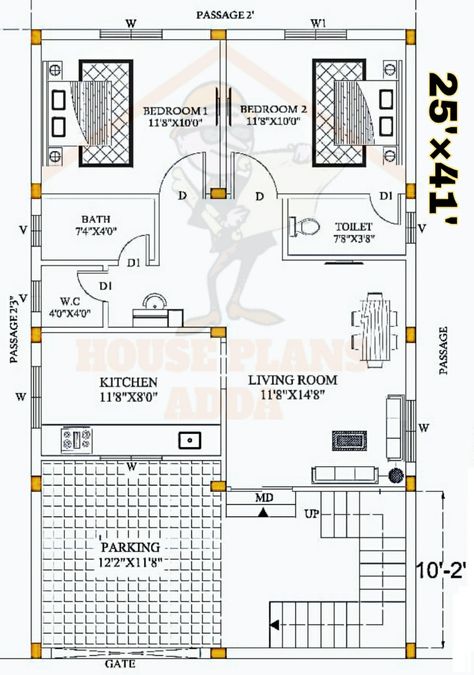 25 × 41 House Plan | North Face 2BHK House with Parking | 25 by 41 Civil Plan, House With Parking, Smart House Plans, 10 Marla House Plan, 30x50 House Plans, 20x30 House Plans, Square House Plans, Budget House Plans, 20x40 House Plans