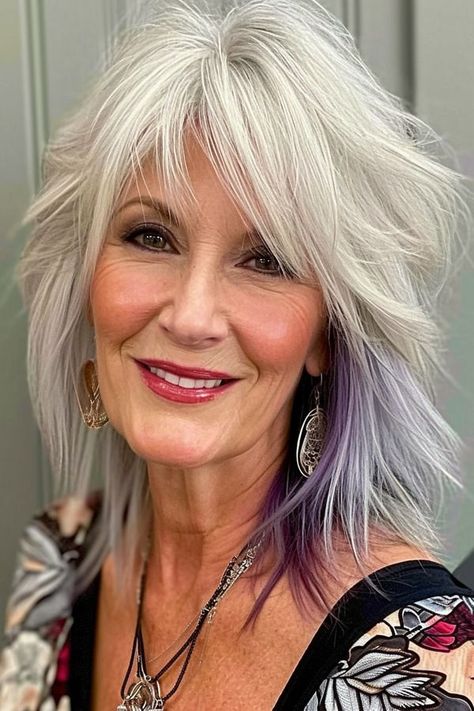 purple peekaboo for woman over 60 with grey hair Hair Color Ideas Women, Grey Hair With Purple Highlights, White Hair Highlights, Dark Brown Hair With Blonde Highlights, Purple Grey Hair, Sleek Short Hair, Peekaboo Hair Colors, Purple Hair Highlights, Silver White Hair