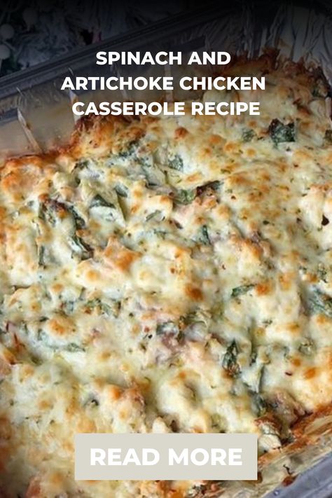 Spinach and Artichoke Chicken Casserole Recipe Chicken Rice Artichoke Casserole, Low Carb Spinach Recipes, Artichoke Chicken Recipes, Chicken Artichoke Bake, Chicken Artichoke Recipes, Spinach And Artichoke Chicken, Spinach Artichoke Chicken, Chicken Casserole Recipe, Spicy Cheese