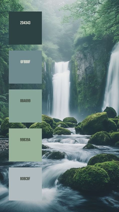 Colors:
2D4343
6F8B8F
88A699
99B39A
B0BCBF Rocky Cliff, Rushing Water, Green Branding, Brand Palette, Waterfall Landscape, Hex Color Palette, House Color Palettes, Color Schemes Colour Palettes, Brand Color Palette