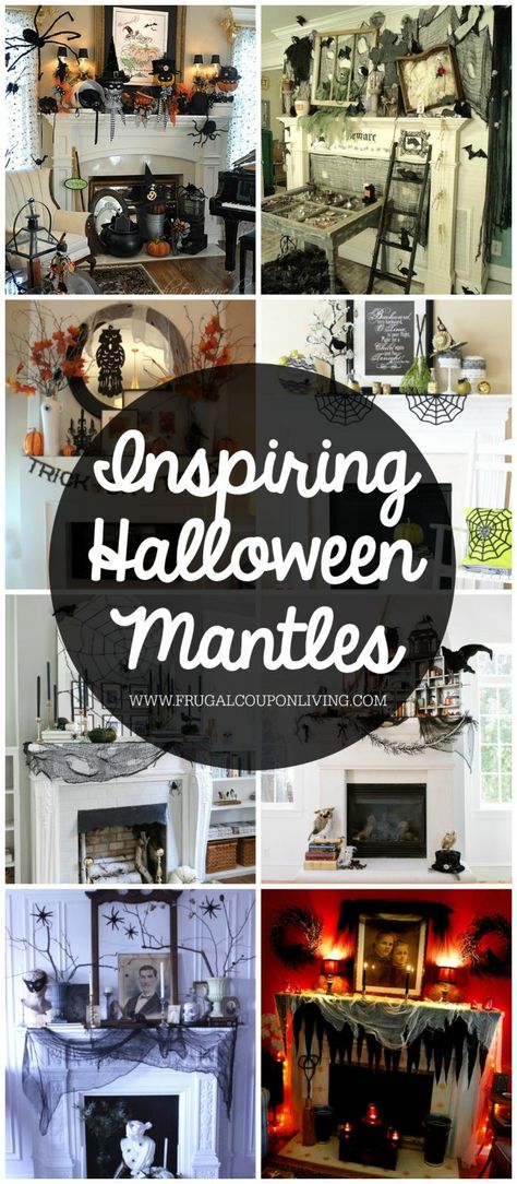 Inspiring-Halloween-Mantles-Collage-Frugal-Coupon-Living October Season, Tablescapes Ideas, Halloween Mantle Decor, Halloween Fireplace, Halloween School Treats, Mantle Ideas, Fairy Halloween Costumes, Halloween Mantle, Halloween Mantel