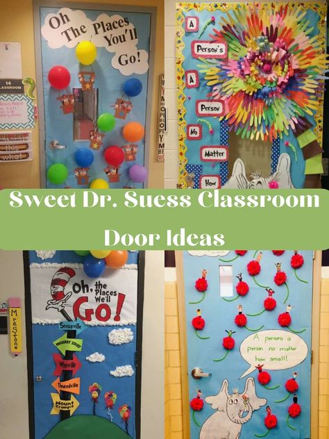 37 Creative Dr. Seuss Classroom Door Ideas - Pink Pop Design Dr Seuss Book Crafts, Dr Seuss Poster Ideas, Reading Classroom Doors, Read Across America Door Ideas, Dr Suess Hallway Decorations, Dr Seuss Doors Classroom, Classroom Door Decorations Book Theme, Dr Seuss Christmas Decorations Diy, Dr. Seuss Books