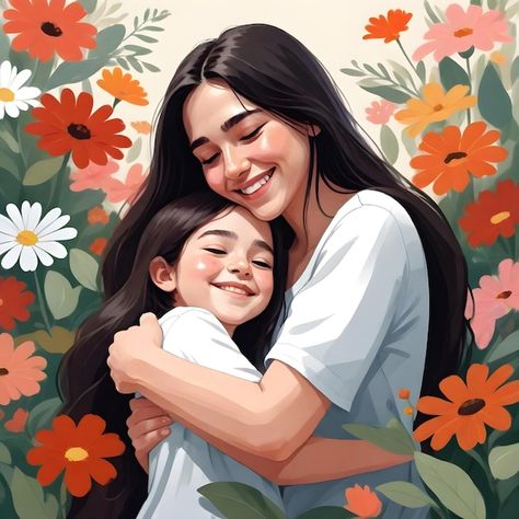 Premium Photo | A woman hugging a child with a picture of a woman hugging her Mom Hugging Daughter, Poster Art Ideas, Mama And Daughter, Hugging Drawing, Picture Of A Woman, Hug From Behind, People Hugging, Mother Daughter Photoshoot, Book Illustration Design