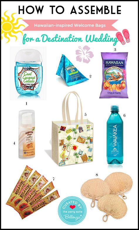 Hawaiian-themed Welcome Bag for a Destination Wedding. OOT bags to welcome guests. Hawaiian Gift Bag Ideas, Hawaii Welcome Bags, Hawaii Wedding Welcome Bags, Hawaiian Wedding Ideas, Bermuda Wedding, Aloha Wedding, Tattoo Station, Golf Events, Destination Wedding Welcome Bag