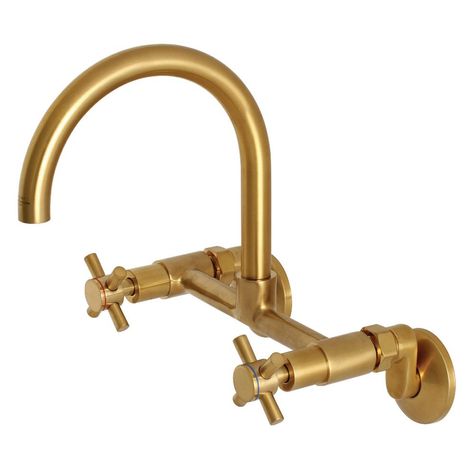 Kingston Brass Concord 2-Handle Wall-Mount Standard Kitchen Faucet in Satin Brass Wall Mount Kitchen Faucet, Wall Mount Faucet, Brass Faucet, Faucet Handles, Kingston Brass, Satin Brass, Brushed Brass, Brass Color, Kitchen Faucet