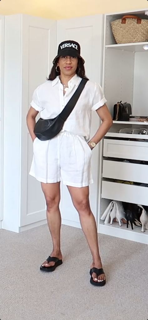 Black and white contrast SUMMER OUTFIT. sandals, crossbody bag, bucket hat, shorts, linen shirt, shirt, linen shoets, white shorts, white shirt. summer look, easy outfit, outfit idea #LTKSeasonal#LTKtravel#LTKstyletip White Linen Shorts Outfit, Linen Shorts Outfit, Crossbody Bag Outfit, Formal Shorts, Outfit Plan, Linen Shorts, All White, White Linen, White Shirt