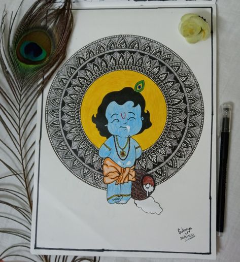 Laddu Gopal Painting On Canvas, Janamasthami Drawing, Bal Krishna Mandala Art, Janmashtami Special Painting, Janmashtami Special Drawing Easy, Laddu Gopal Pencil Sketch, Laddu Gopal Sketch, Janmastami Special Mandala Art, Lord Krishna Mandala Art Easy