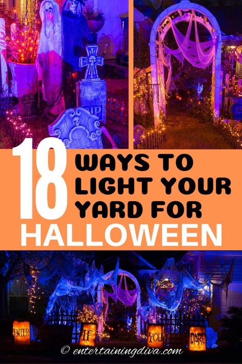 How To Light Up Your Yard For Halloween, How To Light Up Halloween Graveyard, Patio Halloween Decorations, Diy Backyard Halloween Party, Halloween Decorations Outdoor On A Budget, Unique Outdoor Halloween Decorations, Spooky Backyard Ideas, Easy Halloween Yard Decor, Halloween Yard Lighting