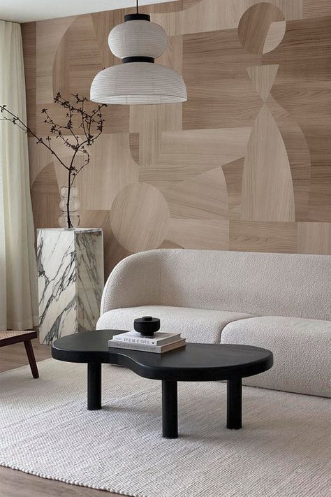 Japandi Lighting Living Room, Japandi Wood, Japandi Sofa, Japandi Lighting, Japandi Wallpaper, Japandi Living Room, Black Coffee Table, Japandi Wall, Japandi Living